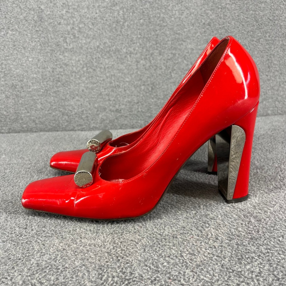 Louis Vuitton Shine Pump Women 39 Red Patent Leather Square‎ Toe Cylinder Heels - Picture 4 of 16
